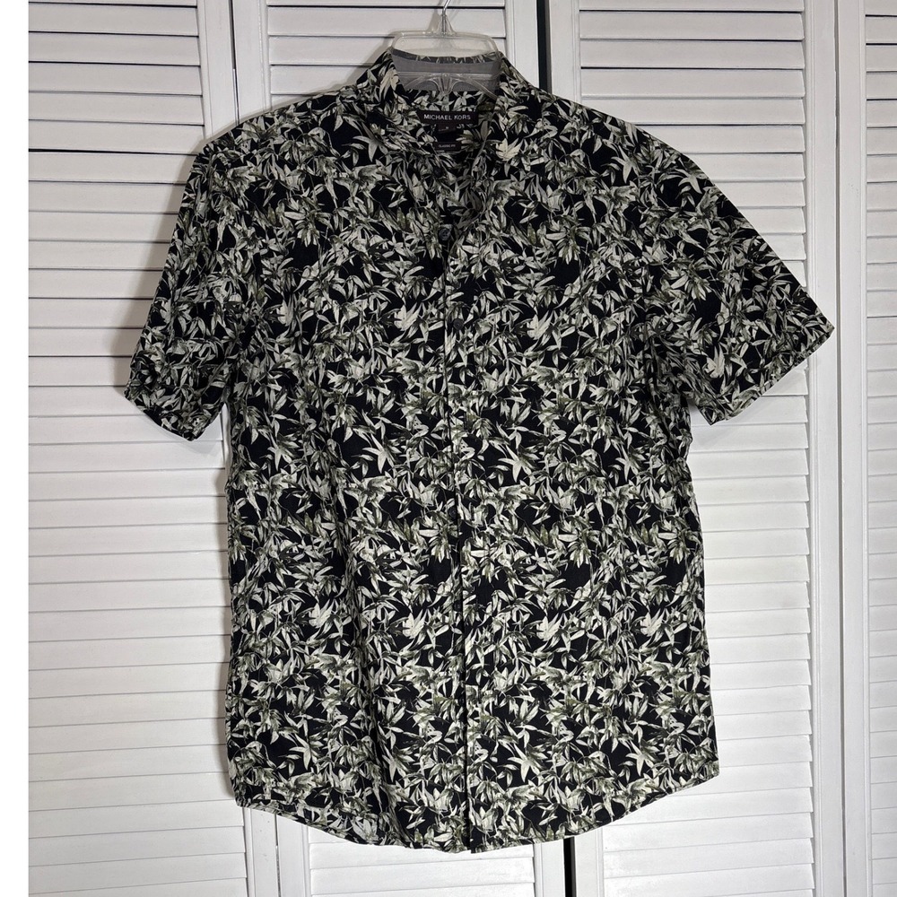 Michael Kors Mens Classic Fit Short Sleeve Cotton Bamboo Print Button Down M